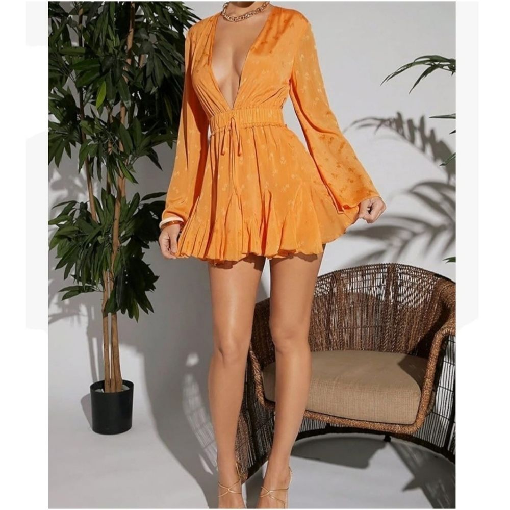 Deep V-Neck Orange Mini A-Line Dress Bell Sleeves Flutter Hem Shein Size 4 Small